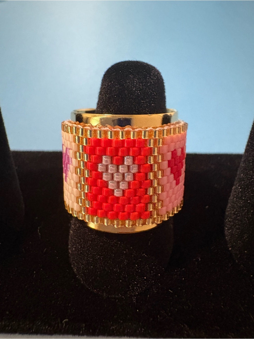 Miyuki Beaded Red Heart Wide Band Ring - Women Jewelry